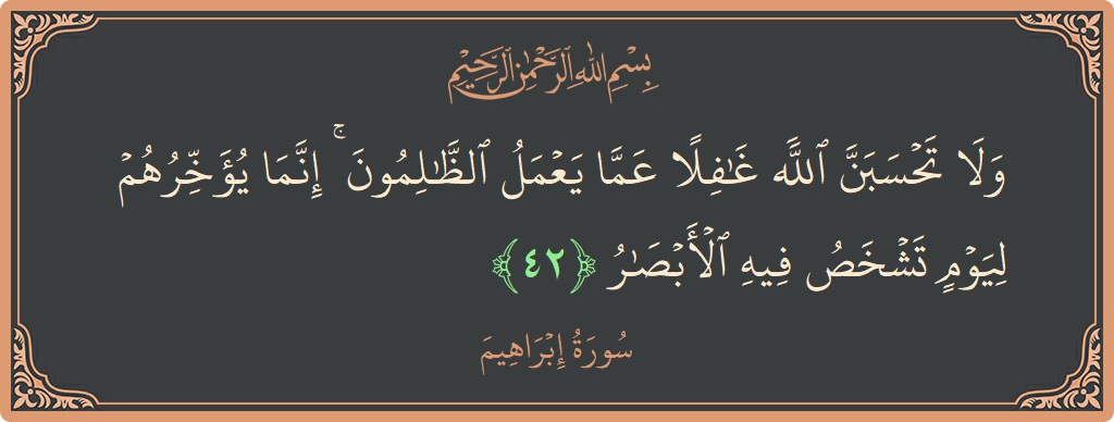 الآية 42 - سورة ابراهيم: (ولا تحسبن الله غافلا عما يعمل الظالمون ۚ إنما يؤخرهم ليوم تشخص فيه الأبصار...)