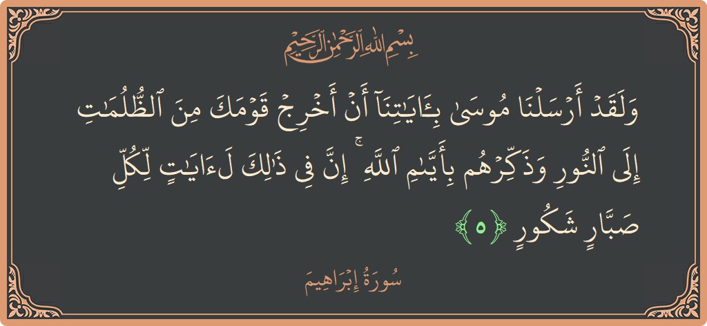 آیت 5 - سورہ ابراہیم: (ولقد أرسلنا موسى بآياتنا أن أخرج قومك من الظلمات إلى النور وذكرهم بأيام الله ۚ إن في ذلك لآيات لكل...) - اردو