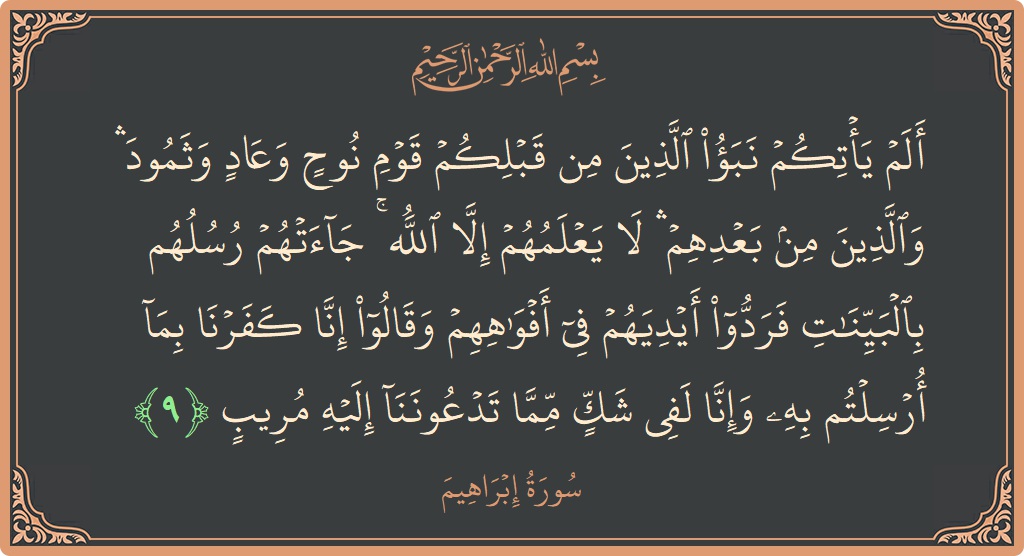 آیت 9 - سورہ ابراہیم: (ألم يأتكم نبأ الذين من قبلكم قوم نوح وعاد وثمود ۛ والذين من بعدهم ۛ لا يعلمهم إلا الله ۚ...) - اردو