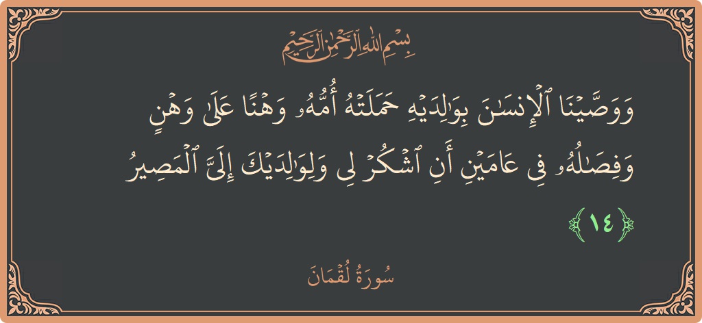 الآية 14 - سورة لقمان: (ووصينا الإنسان بوالديه حملته أمه وهنا على وهن وفصاله في عامين أن اشكر لي ولوالديك إلي المصير...)