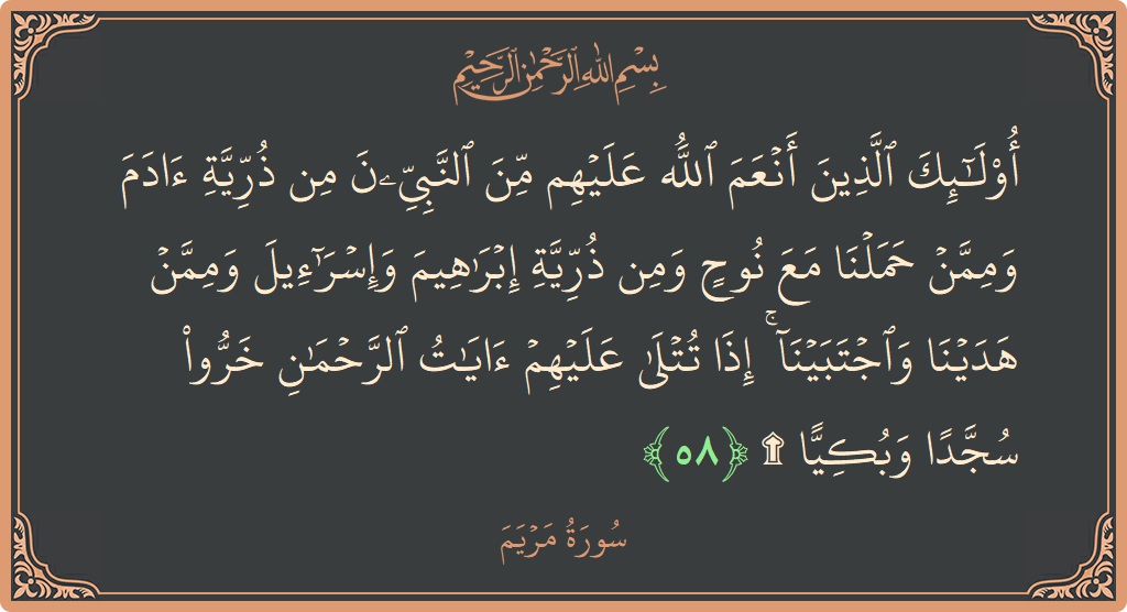 58 - Meryem Suresi ayeti: (أولئك الذين أنعم الله عليهم من النبيين من ذرية آدم وممن حملنا مع نوح ومن ذرية إبراهيم وإسرائيل وممن هدينا...) - Türkçe