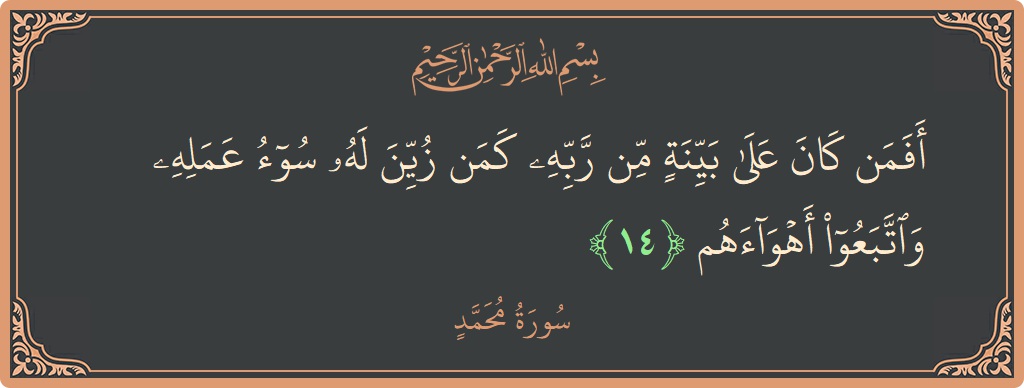 الآية 14 - سورة محمد: (أفمن كان على بينة من ربه كمن زين له سوء عمله واتبعوا أهواءهم...)