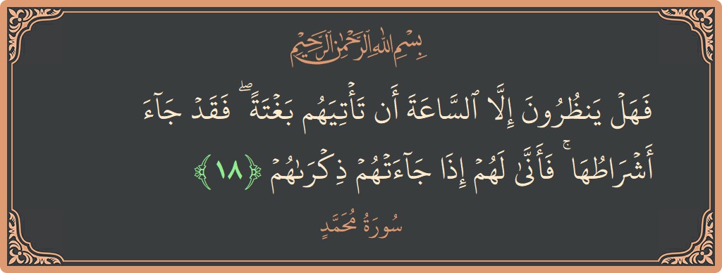 الآية 18 - سورة محمد: (فهل ينظرون إلا الساعة أن تأتيهم بغتة ۖ فقد جاء أشراطها ۚ فأنى لهم إذا جاءتهم ذكراهم...)