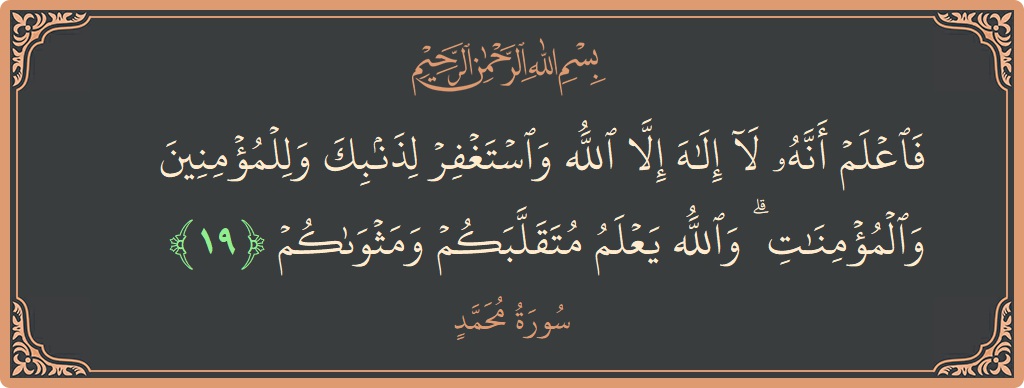 الآية 19 - سورة محمد: (فاعلم أنه لا إله إلا الله واستغفر لذنبك وللمؤمنين والمؤمنات ۗ والله يعلم متقلبكم ومثواكم...)