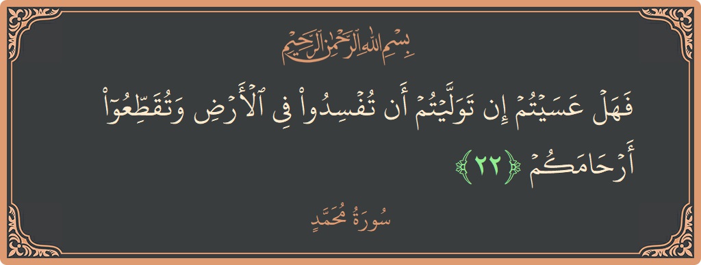 الآية 22 - سورة محمد: (فهل عسيتم إن توليتم أن تفسدوا في الأرض وتقطعوا أرحامكم...)
