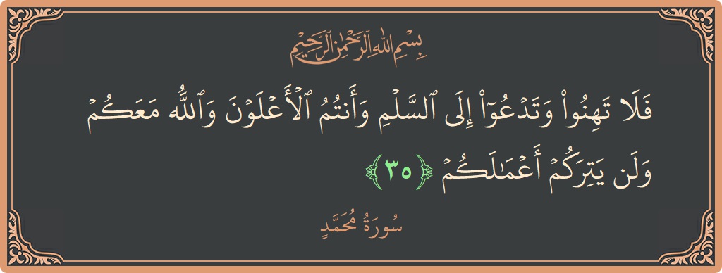 الآية 35 - سورة محمد: (فلا تهنوا وتدعوا إلى السلم وأنتم الأعلون والله معكم ولن يتركم أعمالكم...)