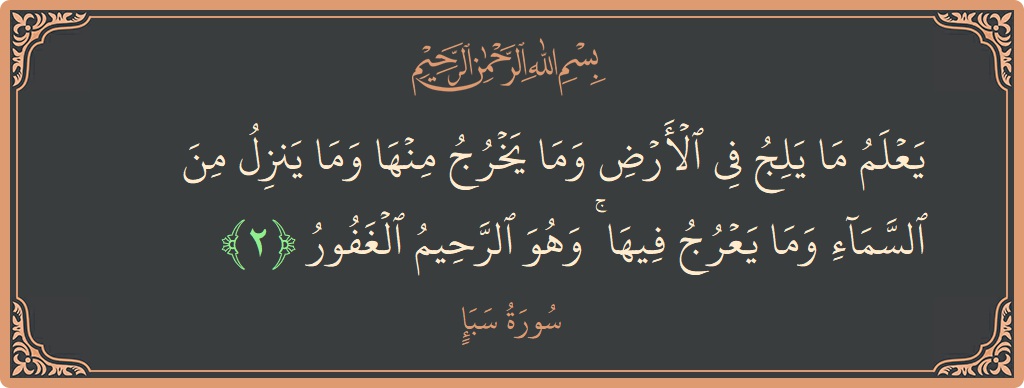 آیت 2 - سورہ سبا: (يعلم ما يلج في الأرض وما يخرج منها وما ينزل من السماء وما يعرج فيها ۚ وهو الرحيم الغفور...) - اردو