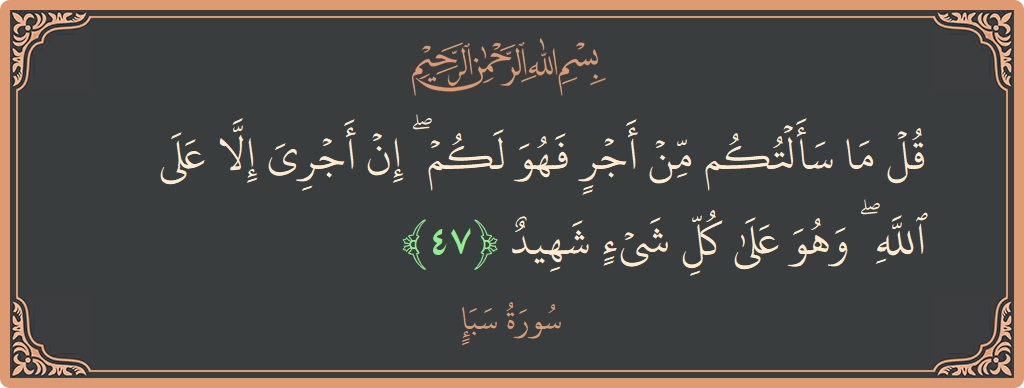 آیت 47 - سورہ سبا: (قل ما سألتكم من أجر فهو لكم ۖ إن أجري إلا على الله ۖ وهو على كل شيء شهيد...) - اردو