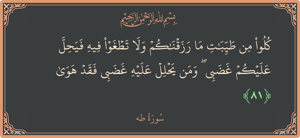 آیت 81 - سورہ طٰہٰ: (كلوا من طيبات ما رزقناكم ولا تطغوا فيه فيحل عليكم غضبي ۖ ومن يحلل عليه غضبي فقد هوى...) - اردو