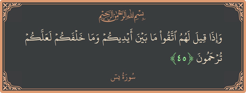 الآية 45 - سورة يس: (وإذا قيل لهم اتقوا ما بين أيديكم وما خلفكم لعلكم ترحمون...)