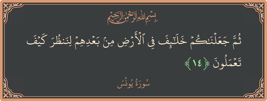 الآية 14 - سورة يونس: (ثم جعلناكم خلائف في الأرض من بعدهم لننظر كيف تعملون...)