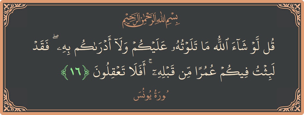 16 - Yunus Suresi ayeti: (قل لو شاء الله ما تلوته عليكم ولا أدراكم به ۖ فقد لبثت فيكم عمرا من قبله ۚ أفلا تعقلون...) - Türkçe
