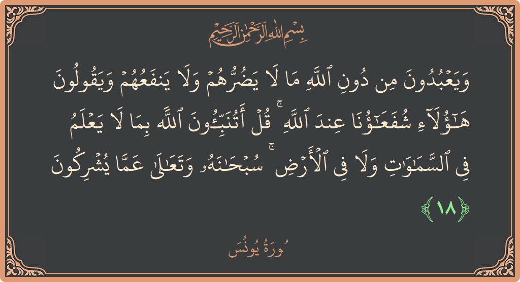 18 - Yunus Suresi ayeti: (ويعبدون من دون الله ما لا يضرهم ولا ينفعهم ويقولون هؤلاء شفعاؤنا عند الله ۚ قل أتنبئون الله بما لا...) - Türkçe