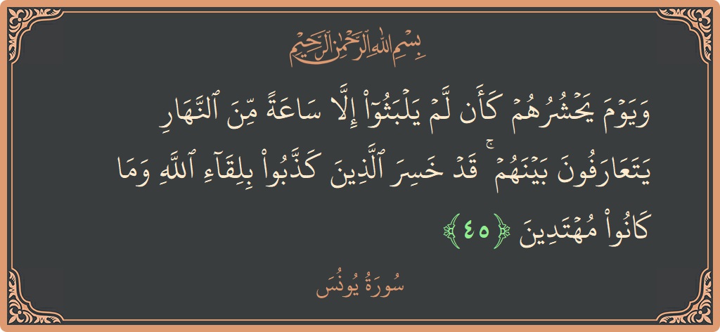 45 - Yunus Suresi ayeti: (ويوم يحشرهم كأن لم يلبثوا إلا ساعة من النهار يتعارفون بينهم ۚ قد خسر الذين كذبوا بلقاء الله وما كانوا...) - Türkçe