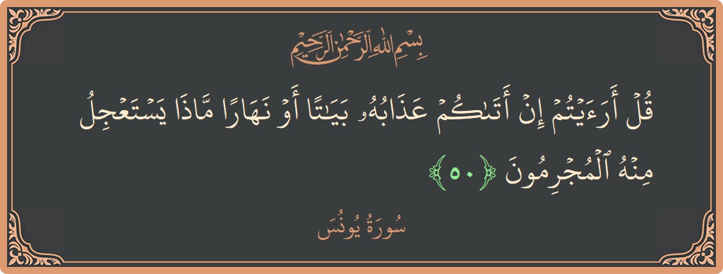 50 - Yunus Suresi ayeti: (قل أرأيتم إن أتاكم عذابه بياتا أو نهارا ماذا يستعجل منه المجرمون...) - Türkçe