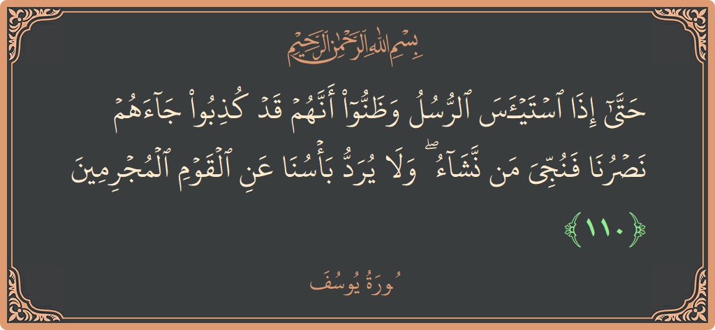 الآية 110 - سورة يوسف: (حتى إذا استيأس الرسل وظنوا أنهم قد كذبوا جاءهم نصرنا فنجي من نشاء ۖ ولا يرد بأسنا عن القوم المجرمين...)