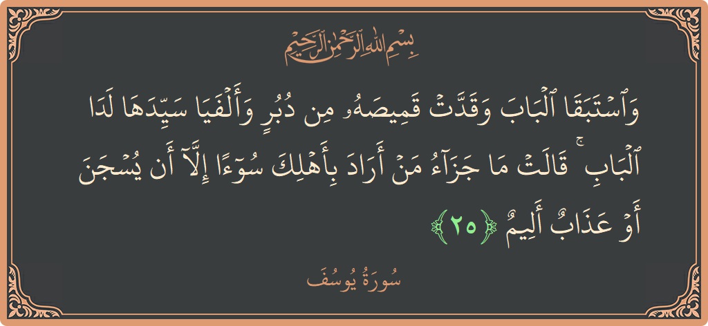 الآية 25 - سورة يوسف: (واستبقا الباب وقدت قميصه من دبر وألفيا سيدها لدى الباب ۚ قالت ما جزاء من أراد بأهلك سوءا إلا أن...)