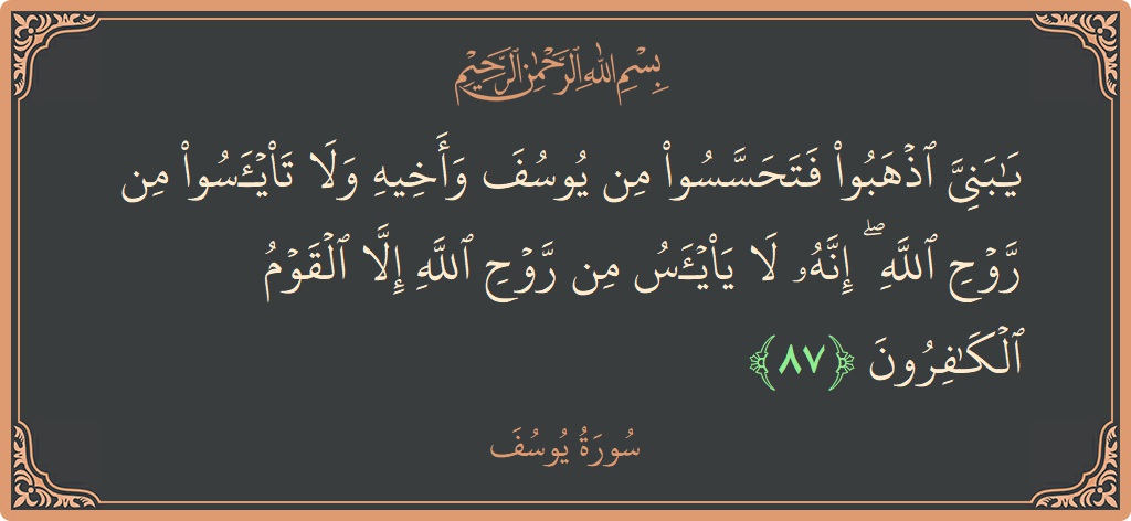 الآية 87 - سورة يوسف: (يا بني اذهبوا فتحسسوا من يوسف وأخيه ولا تيأسوا من روح الله ۖ إنه لا ييأس من روح الله إلا...)